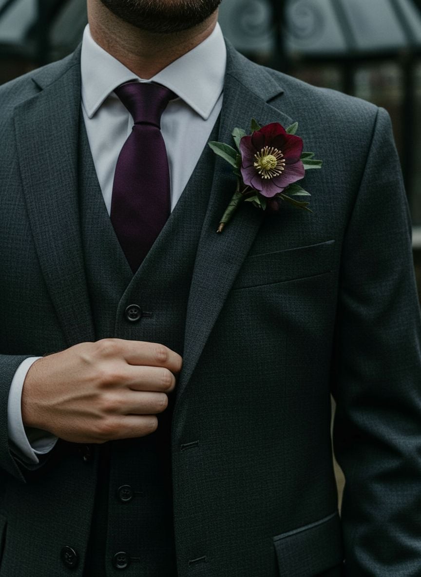 Groom fastening deep burgundy hellebore boutonniere with ivy in Victorian conservatory setting