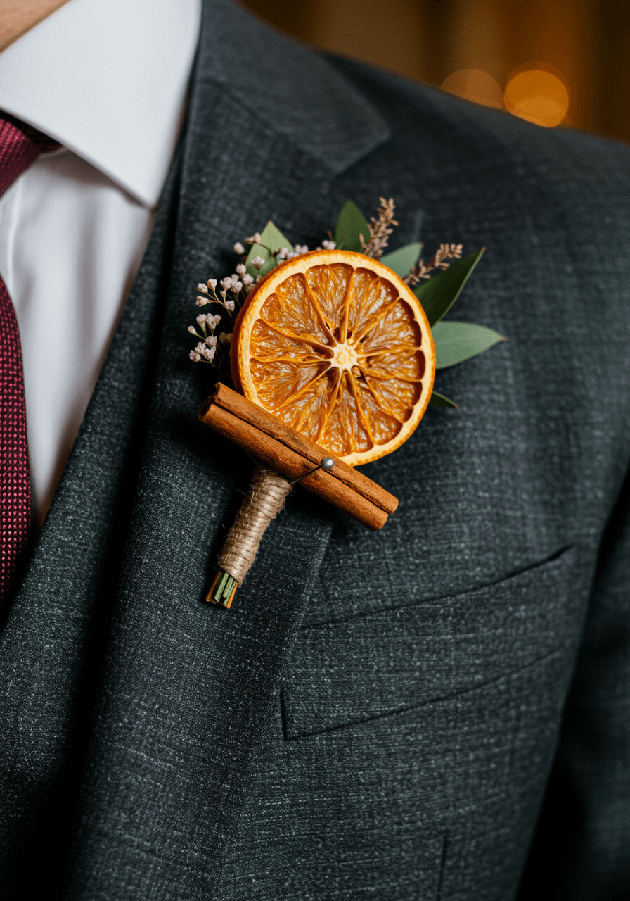 Dried orange slice and cinnamon stick boutonniere pinned to charcoal wool suit lapel
