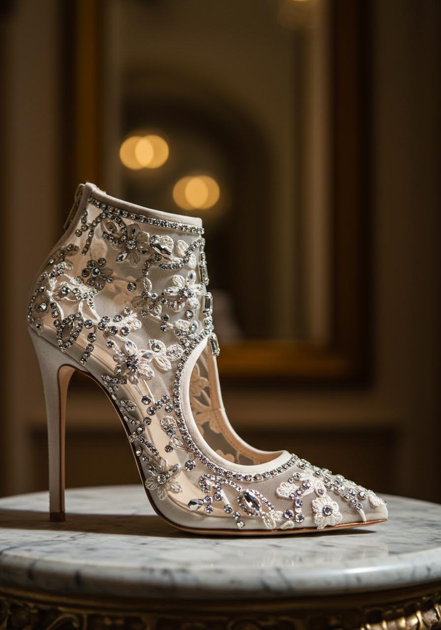Ivory wedding stiletto with intricate Swarovski crystal vine and royal embellishments