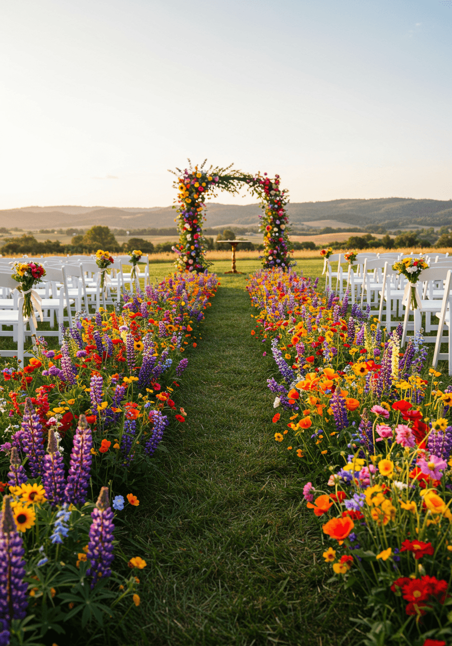 Vibrant wildflower meadow wedding with rainbow of natural blooms creating colourful aisle
