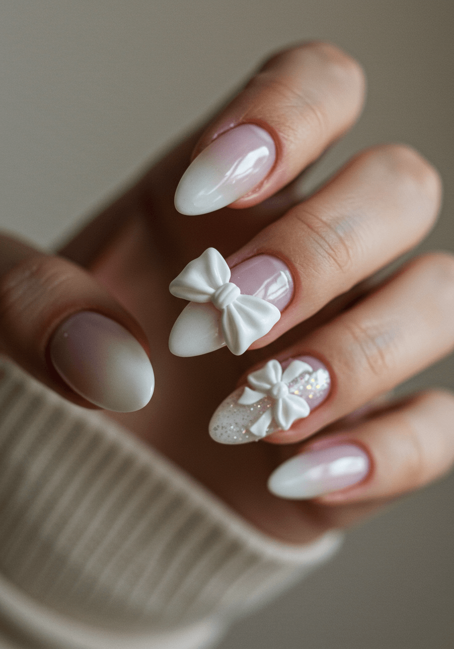 3D white bow nail art with realistic ribbon texture on milky white base