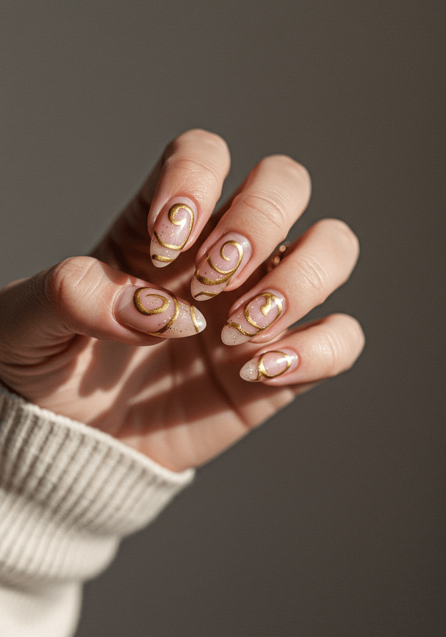 Abstract gold swirl patterns on sheer pink base with flowing organic designs