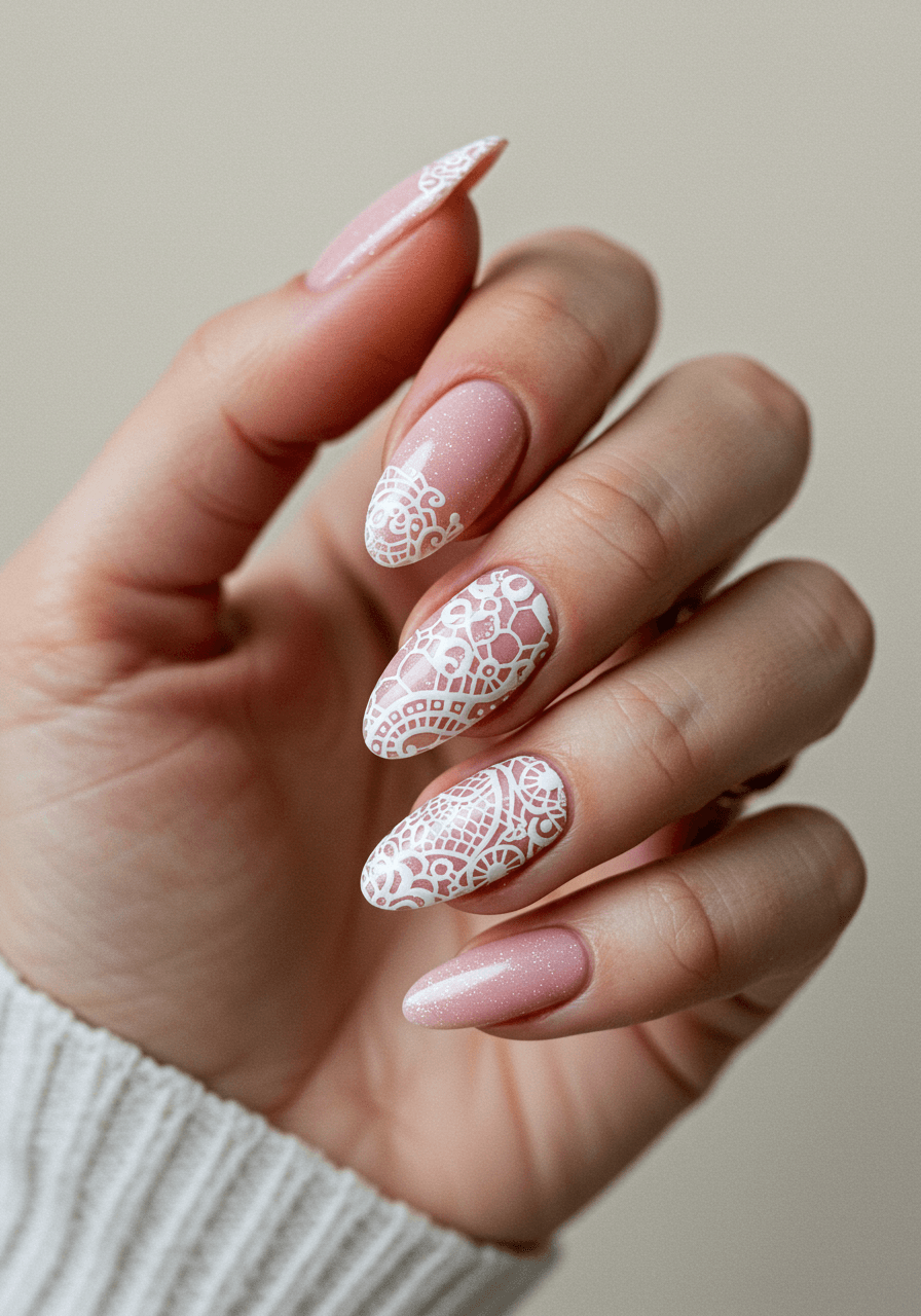 White lace pattern nail art stamped over soft blush pink base with shimmer accents