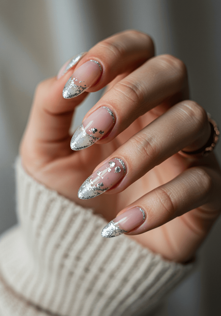 Translucent glass-effect nails with frosted finish and silver metallic edging