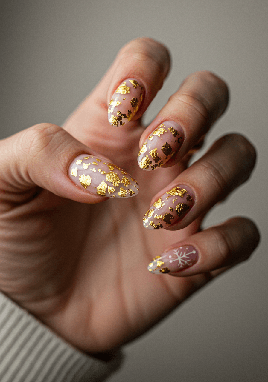 Gold foil flakes encapsulated in clear gel polish creating floating metallic effect