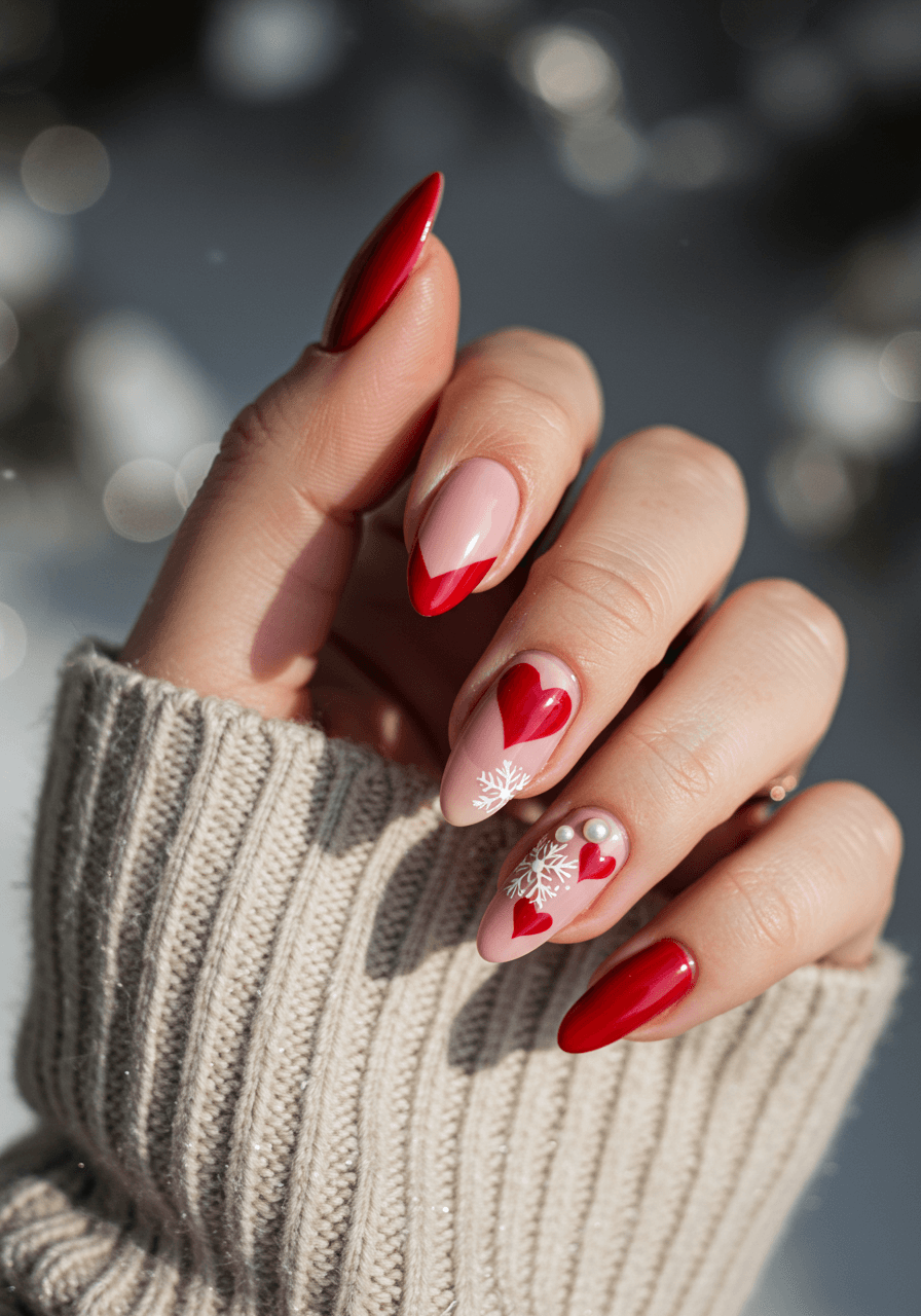 Red and pink two-tone heart nail designs with white snowflake accents and pearl details