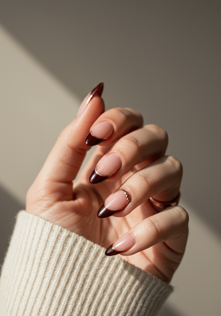 Deep burgundy micro-French tip manicure on almond nails with metallic gold accents