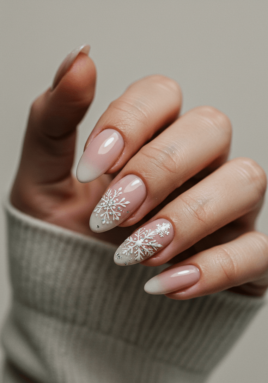 Hand-painted snowflake nail art on nude base with white and silver crystalline details