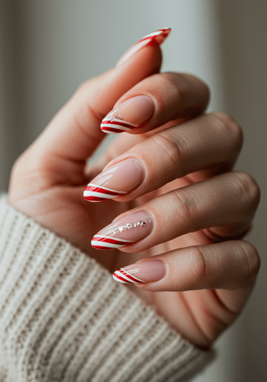 Candy cane striped nail tips with red and white diagonal patterns on nude base