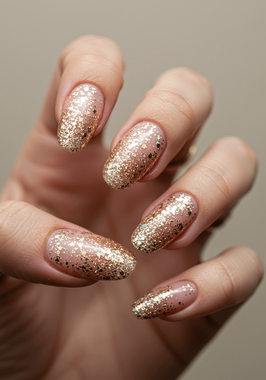 Champagne gold glitter gradient nails with confetti particles and nude base fade