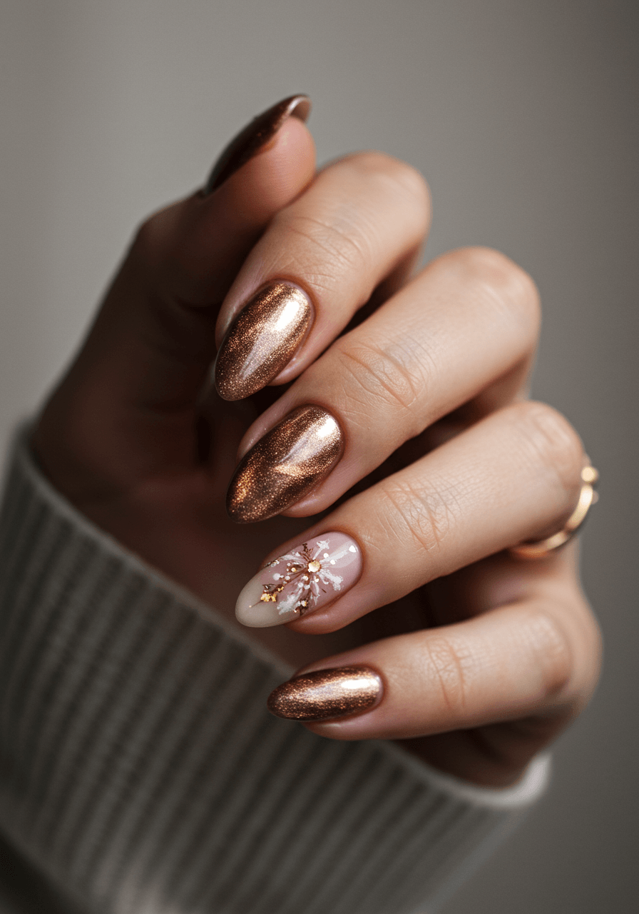 Champagne velvet cat-eye nail polish on almond-shaped nails showcasing magnetic metallic finish