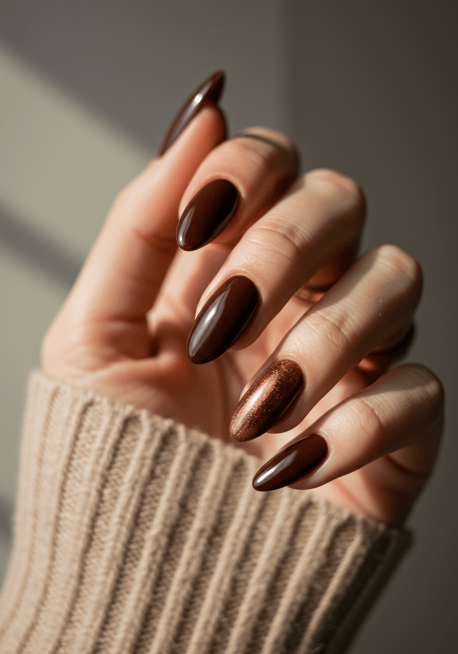 Chocolate brown glazed nails with caramel undertones and mirror-like finish