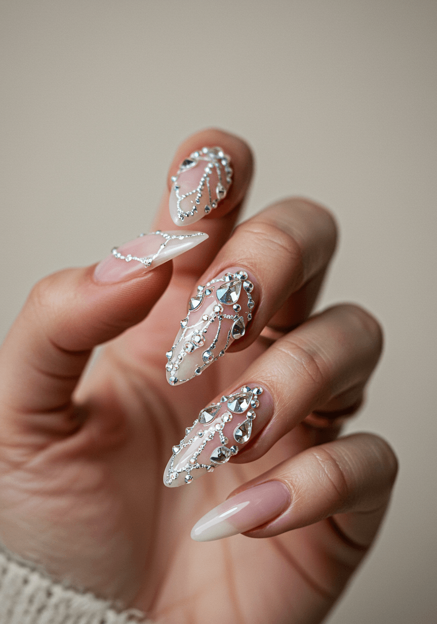 Crystal droplet nail embellishments cascading down nails with silver accent lines