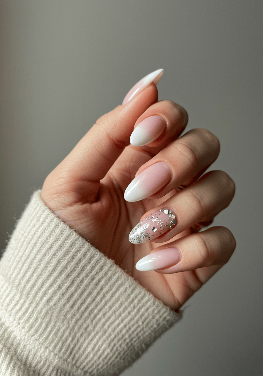 Baby boomer fade nails with sparkle topcoat and delicate snowflake accent detail