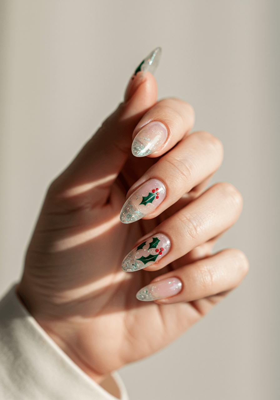 Crystal clear transparent nails with high gloss finish and minimal holly leaf accents