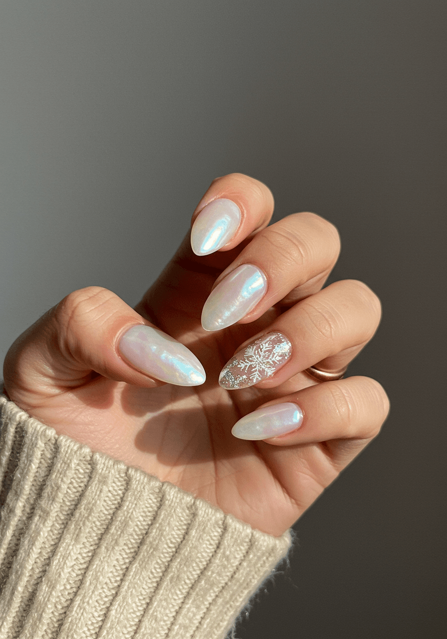 Pearlescent oyster shell finish nails with mother-of-pearl texture and snowflake accents