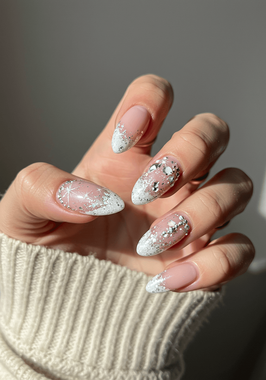 Frosted sugar textured nail tips with crystalline sparkle effects and nude base