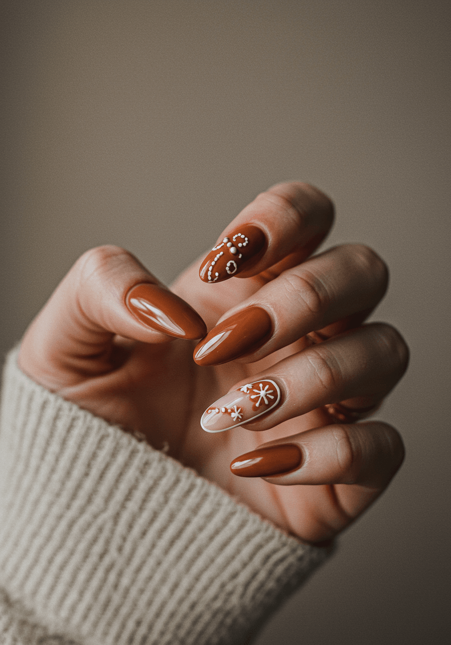 Terracotta gingerbread-inspired nail art with white icing details and pearl accents