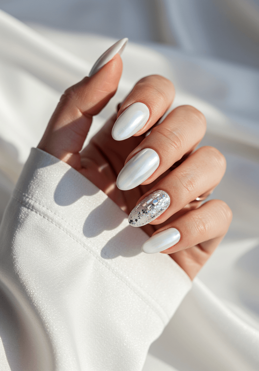 Glazed ice white chrome nails with mirror finish and blue undertones on silk fabric