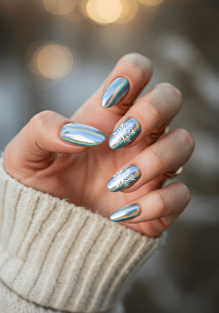 Holographic shimmer nails with iridescent finish and delicate snowflake motifs catching light
