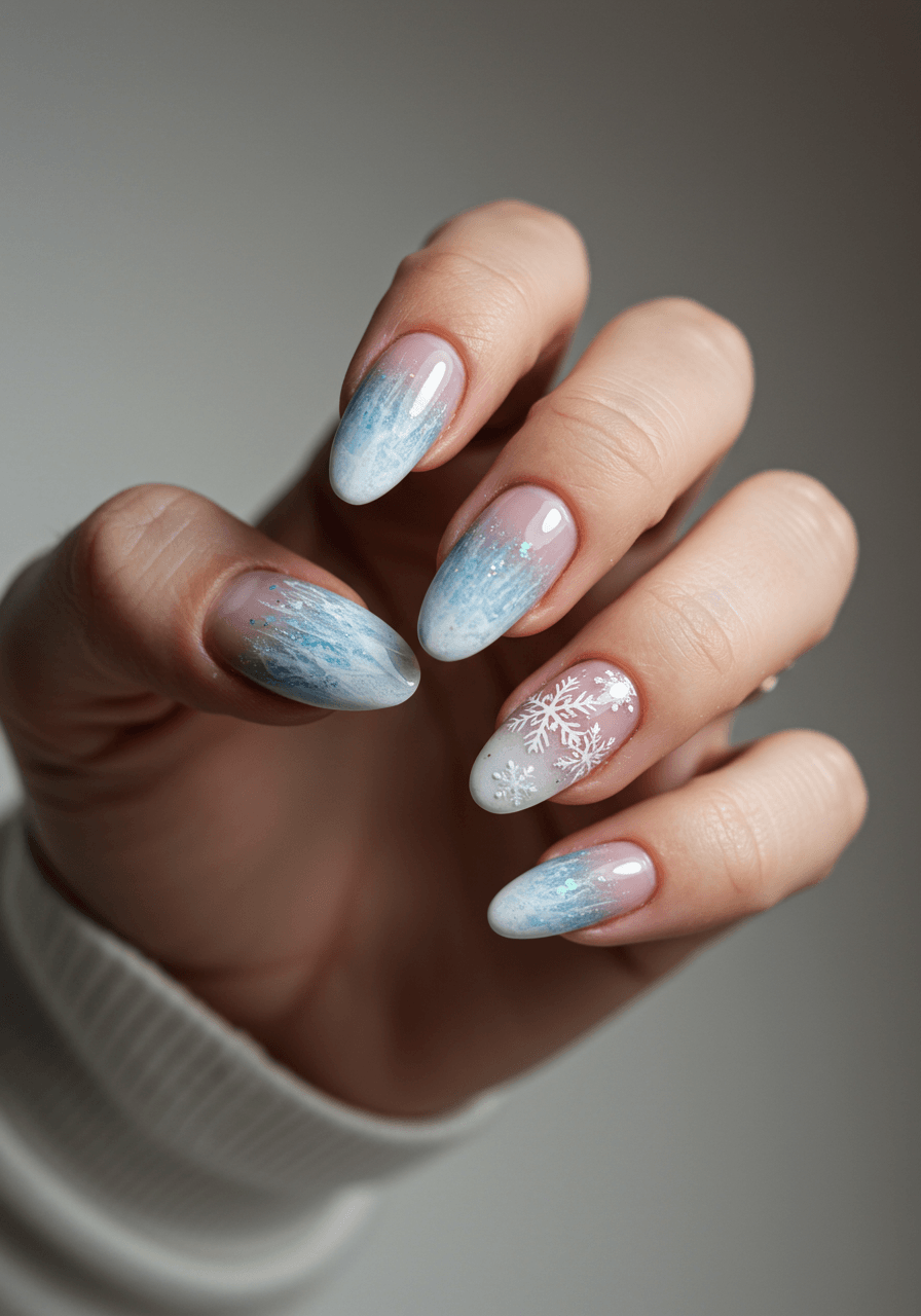 Icy blue ombre nails fading to white with shimmer and silver snowflake accents