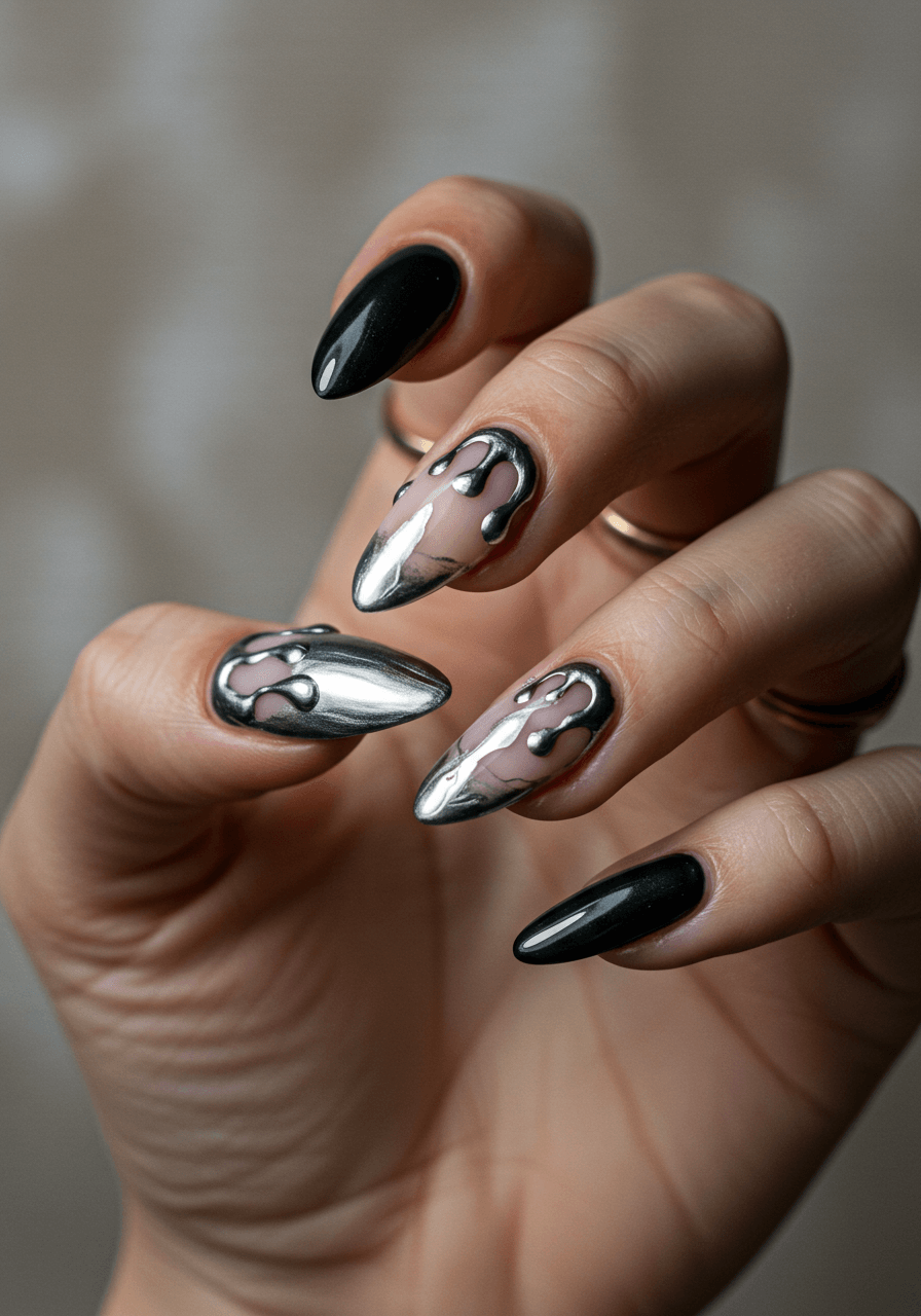 Metallic silver drip nail art flowing over charcoal and nude bases with glossy finish