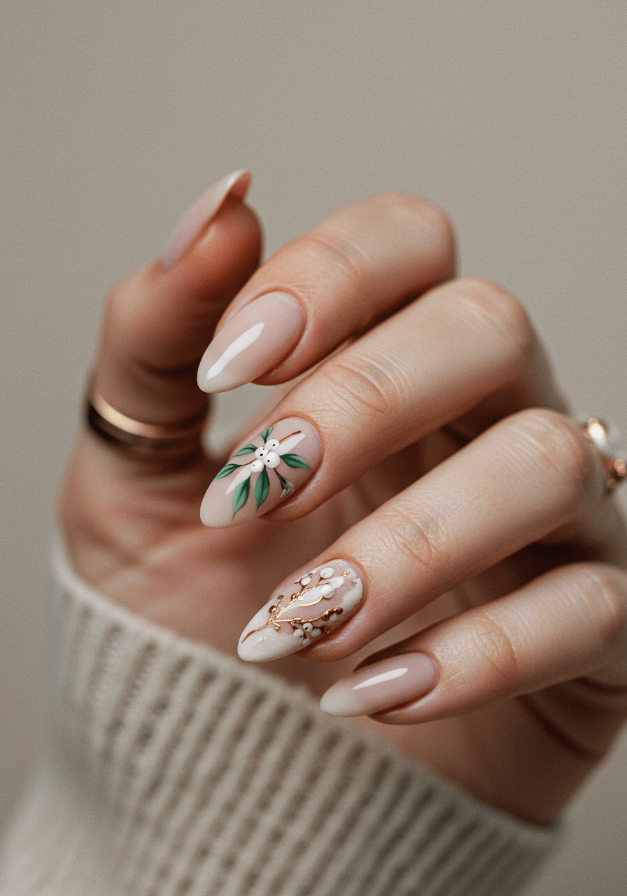 Delicate mistletoe nail art on ring finger with sage green leaves and pearl berries
