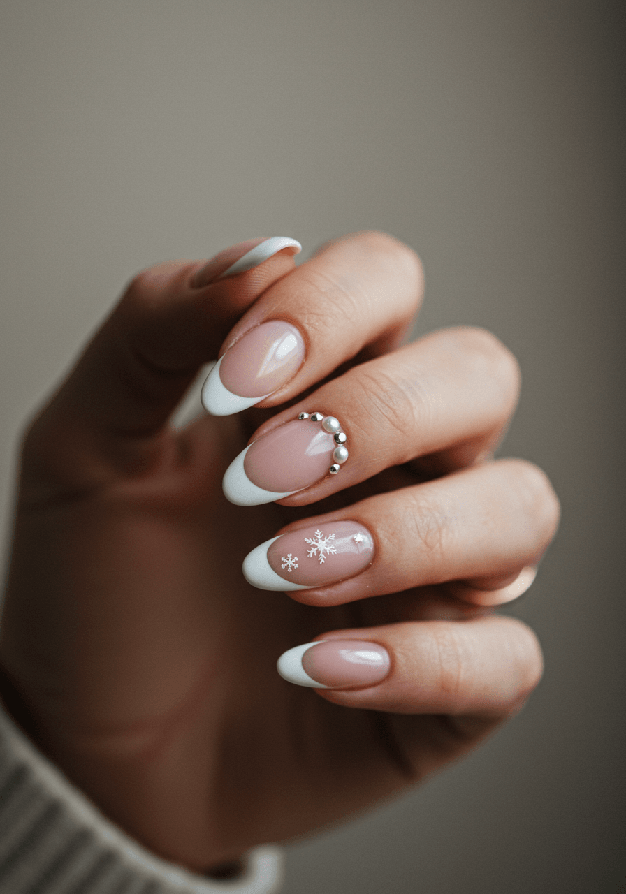 Pearl-studded French manicure with lustrous pearls and silver snowflake accent
