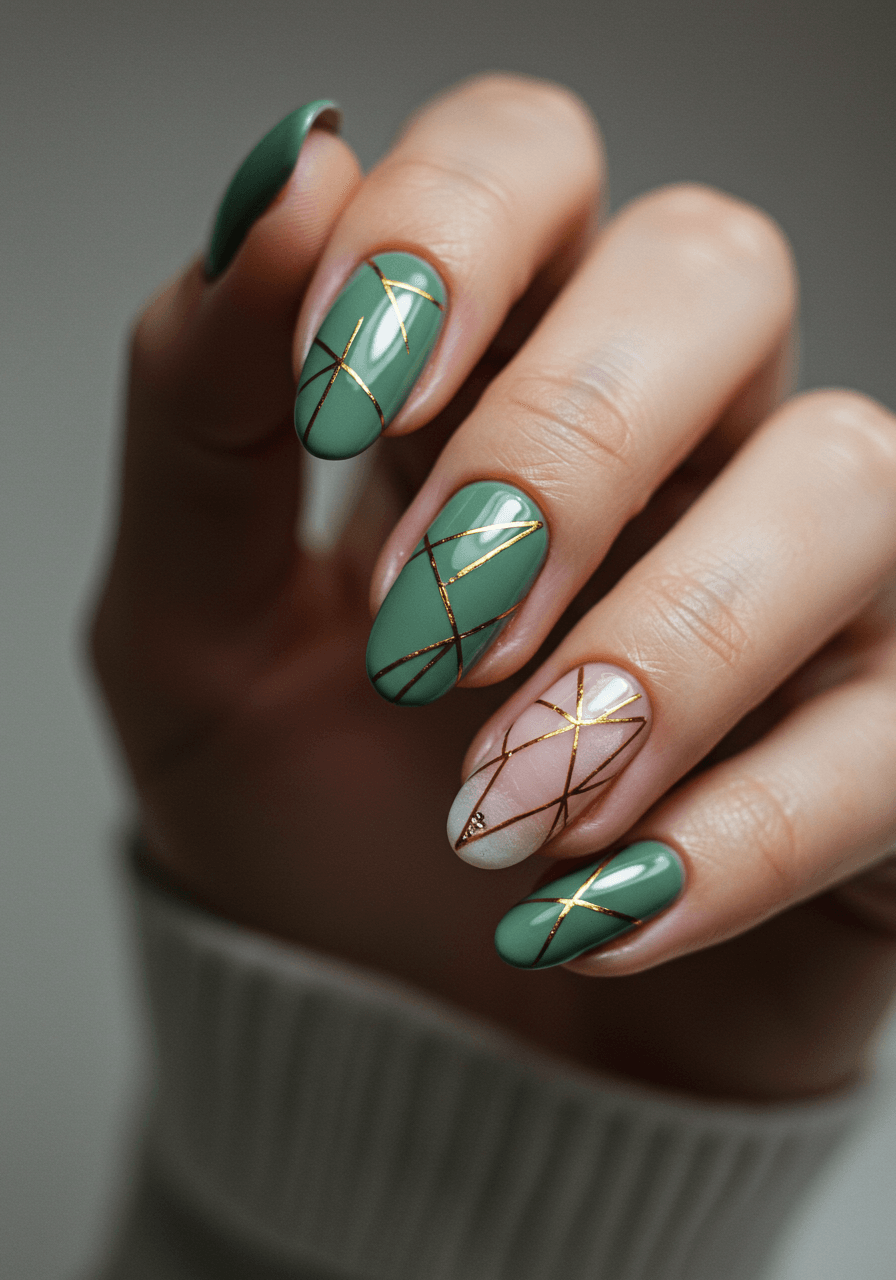 Sage green nails with geometric gold lines in triangular and diamond patterns