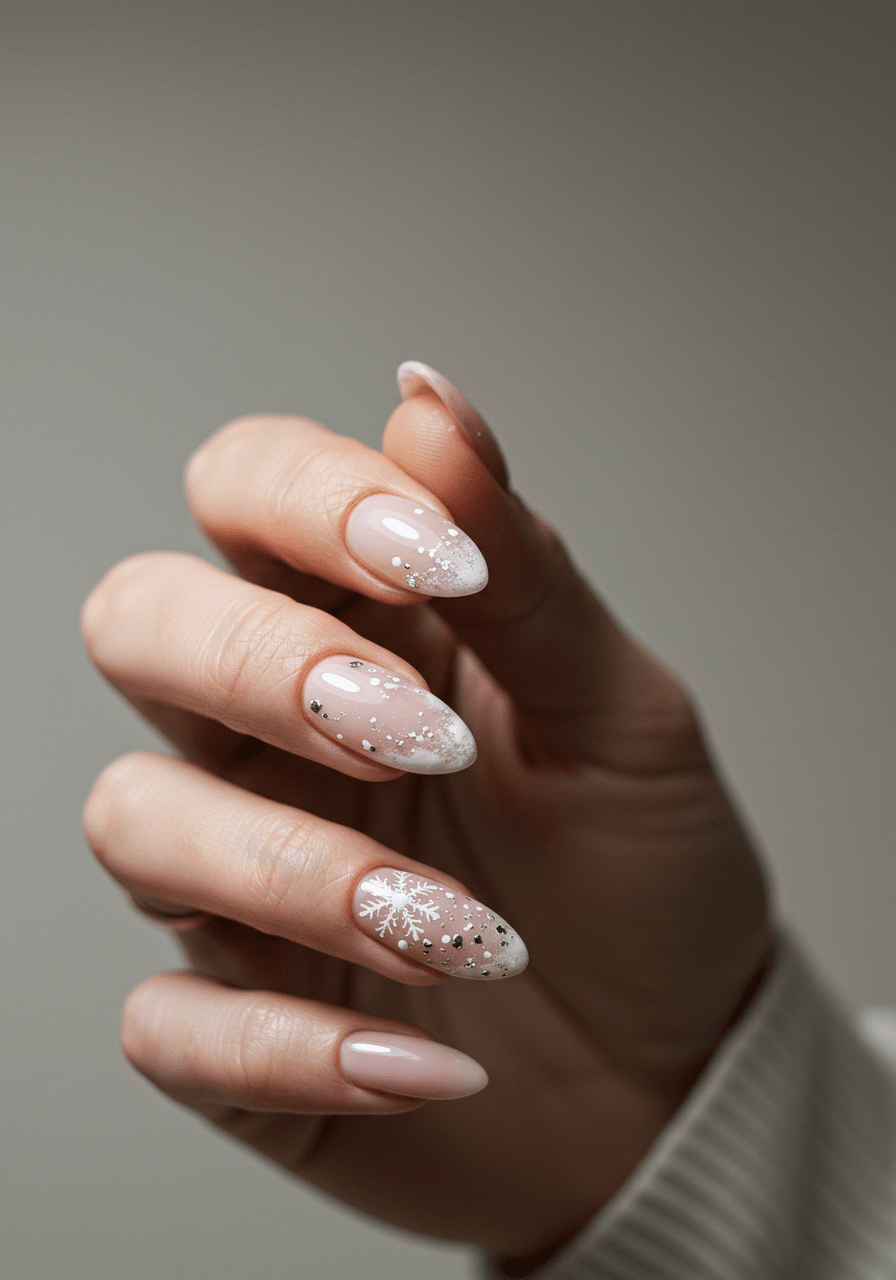 Falling snow dots nail art on sheer nude base with silver shimmer accents