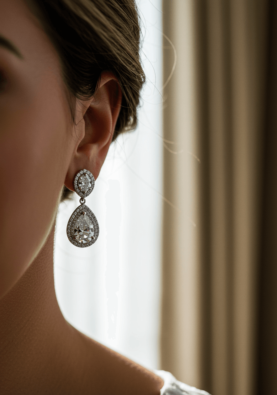 Diamond halo drop earrings with teardrop silhouette worn by bride with romantic updo in golden hour lighting