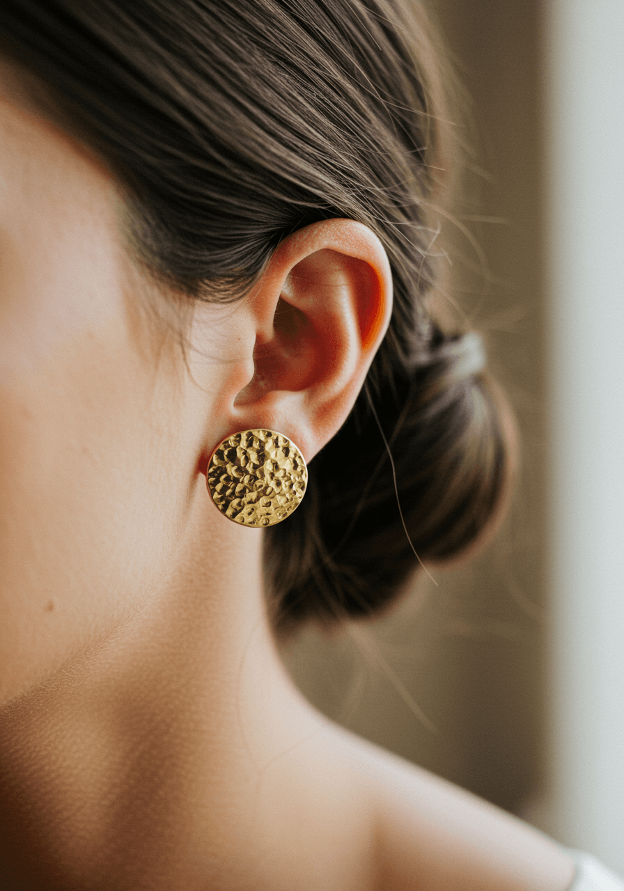 Hand-hammered gold disc wedding earrings with organic texture worn by bride with sleek chignon in natural light