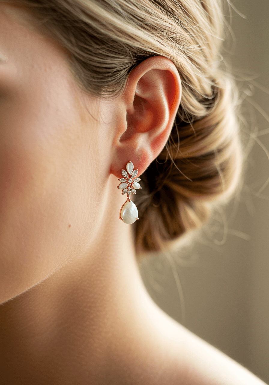 Luminous mother of pearl drop earrings with rose gold settings worn by bride with updo in golden window light
