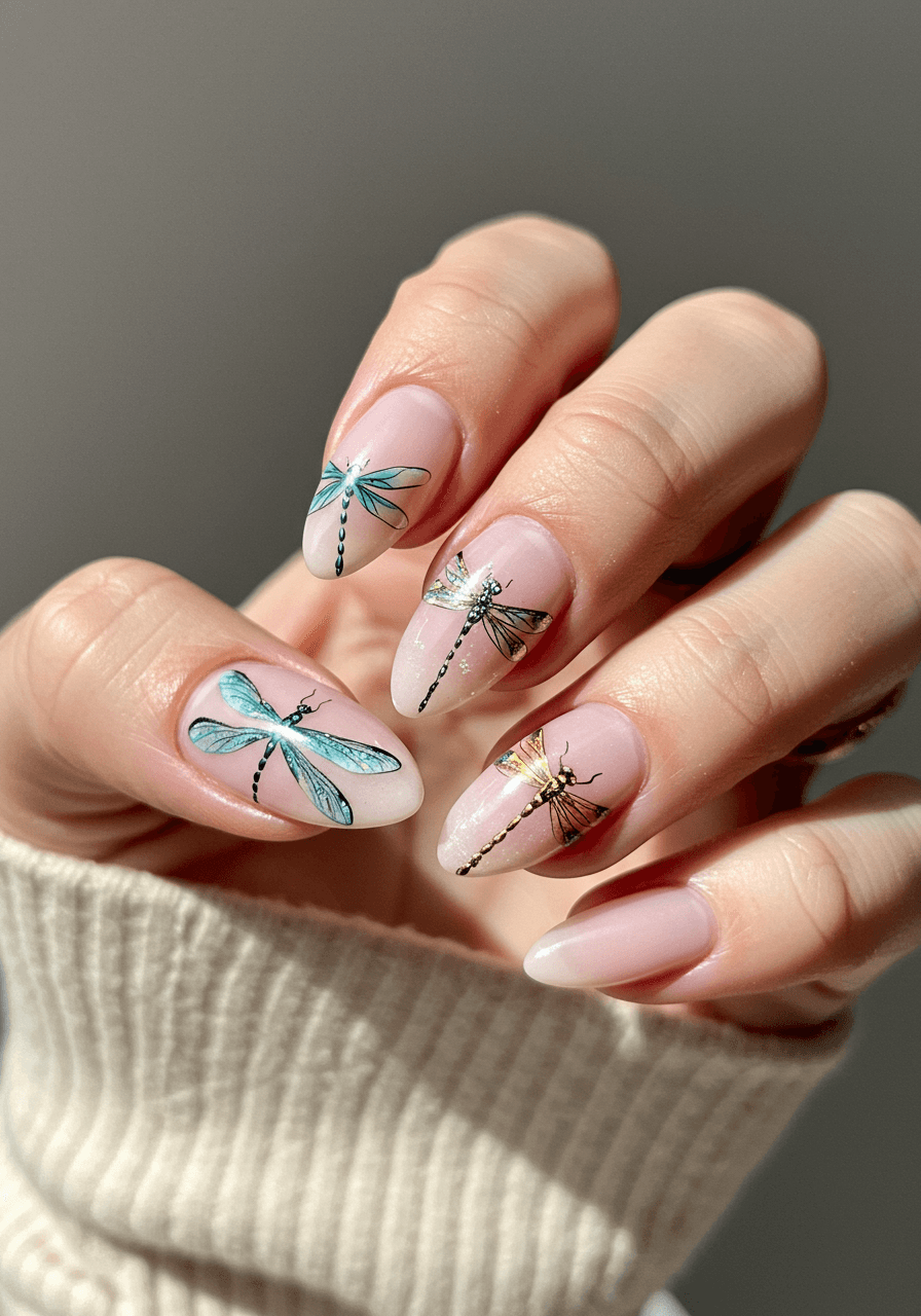 Dragonfly nail art with iridescent blue and green motifs, gossamer wing details, and metallic gold accent silhouette
