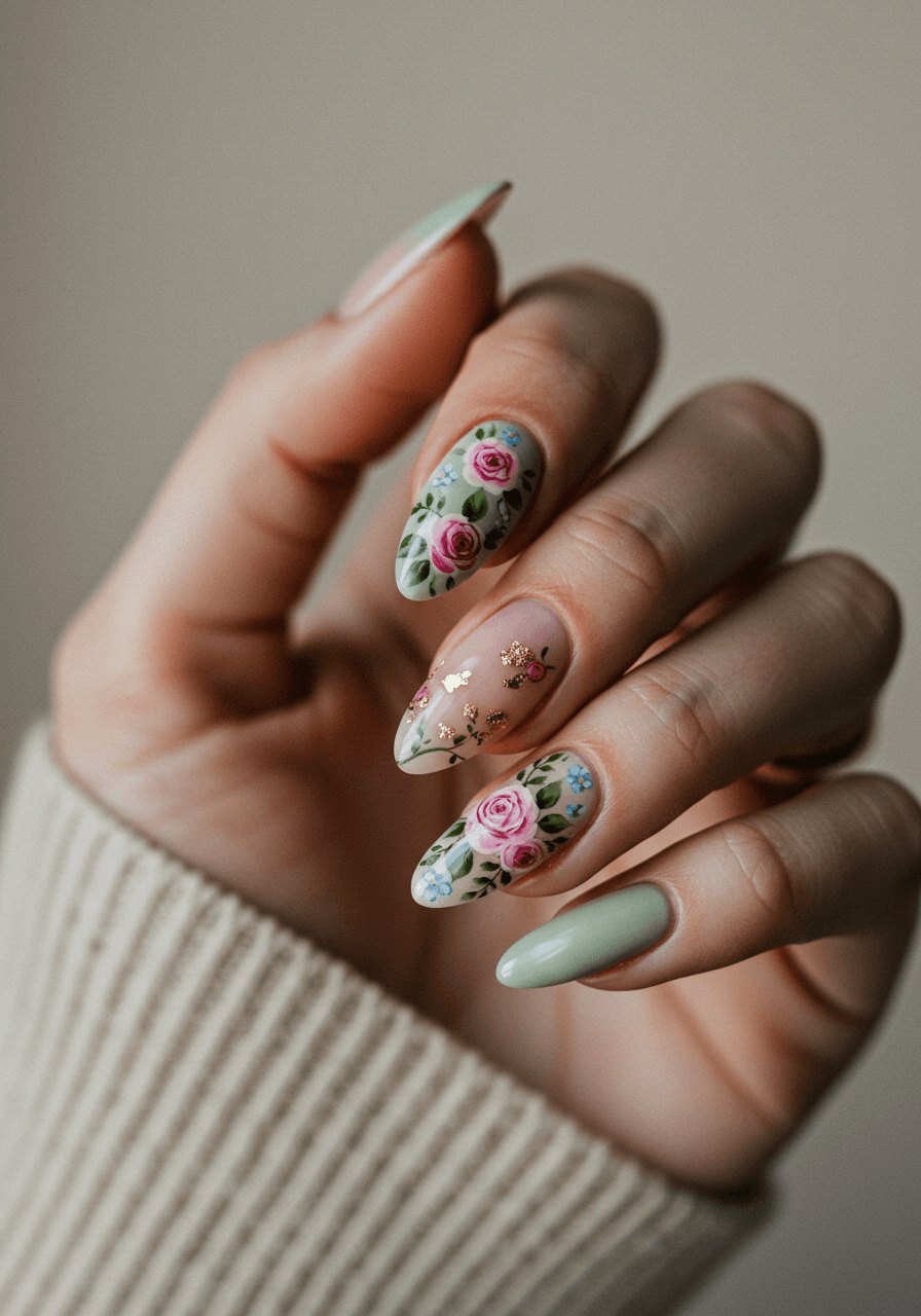 Intricate secret garden nail art with tiny painted roses, ivy vines, and forget-me-nots in soft pink and sage green tones