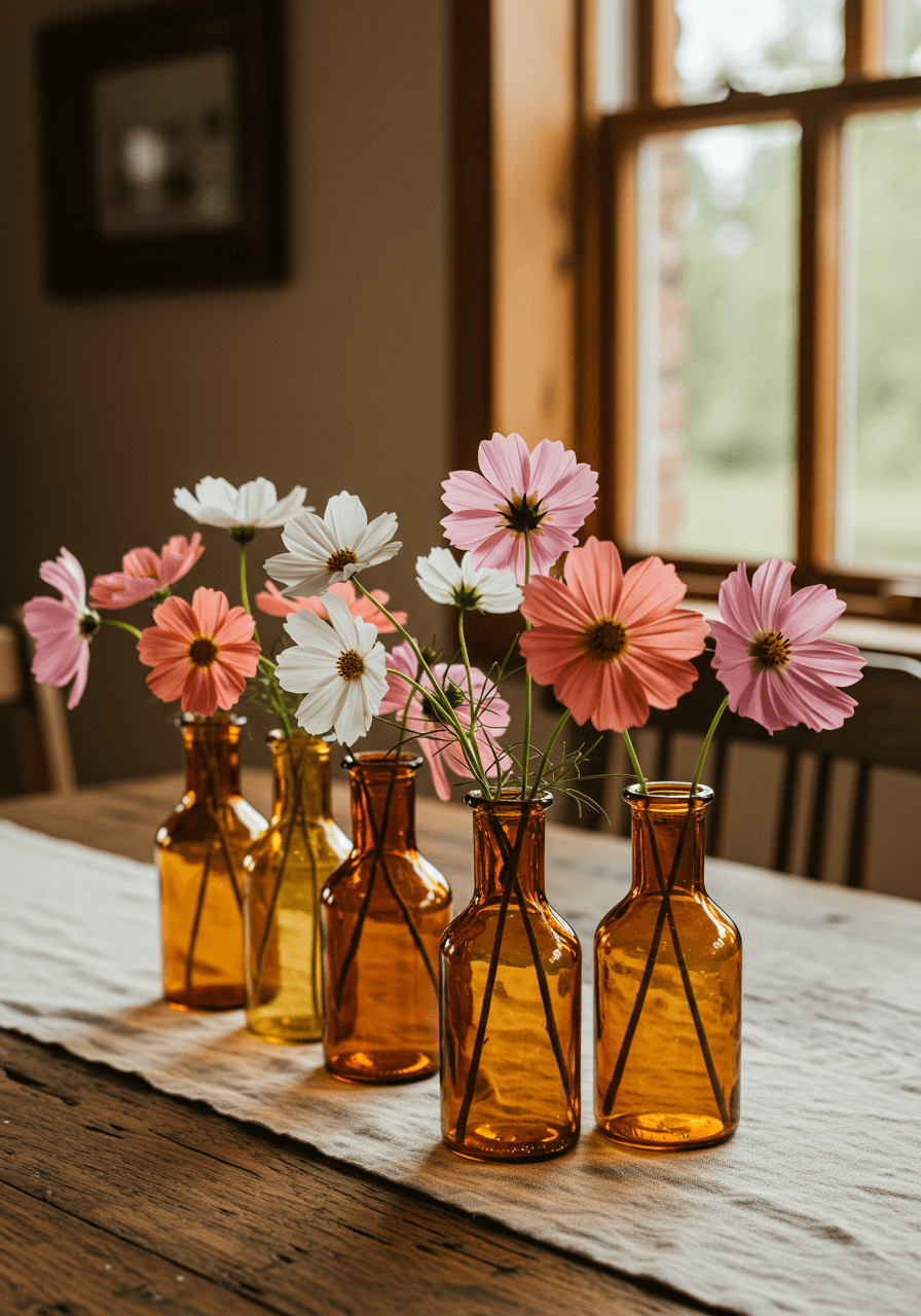 Amber glass bud vases with fresh cosmos flowers in pink, white, and coral tones near cottage window