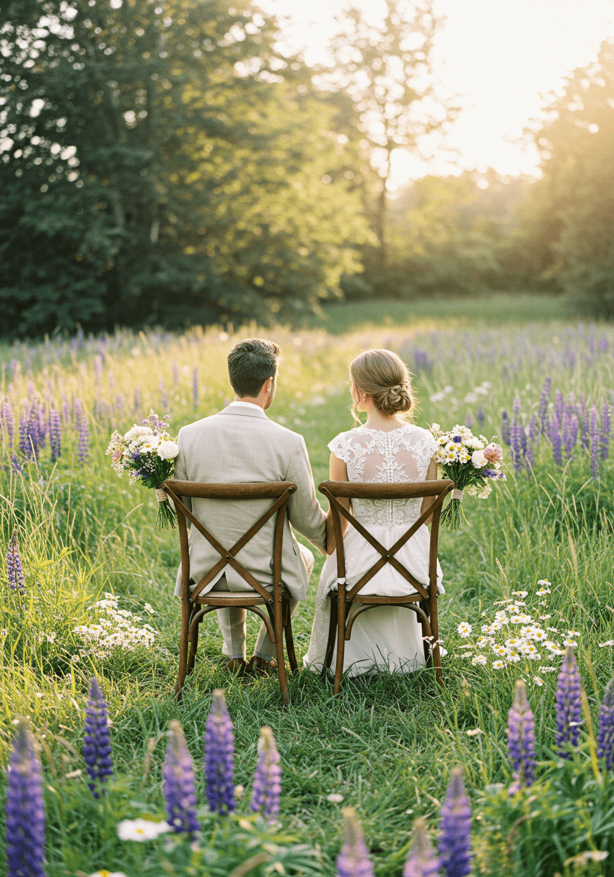Bride and groom sitting in mismatched vintage wooden cross-back chairs in wildflower meadow during golden hour