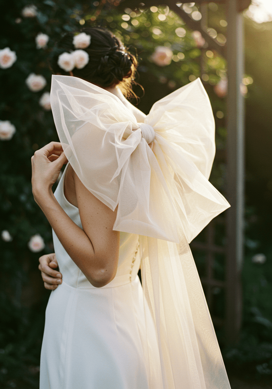 Close-up detail of oversized silk tulle bows cascading from minimalist slip dress in cottage garden with climbing roses