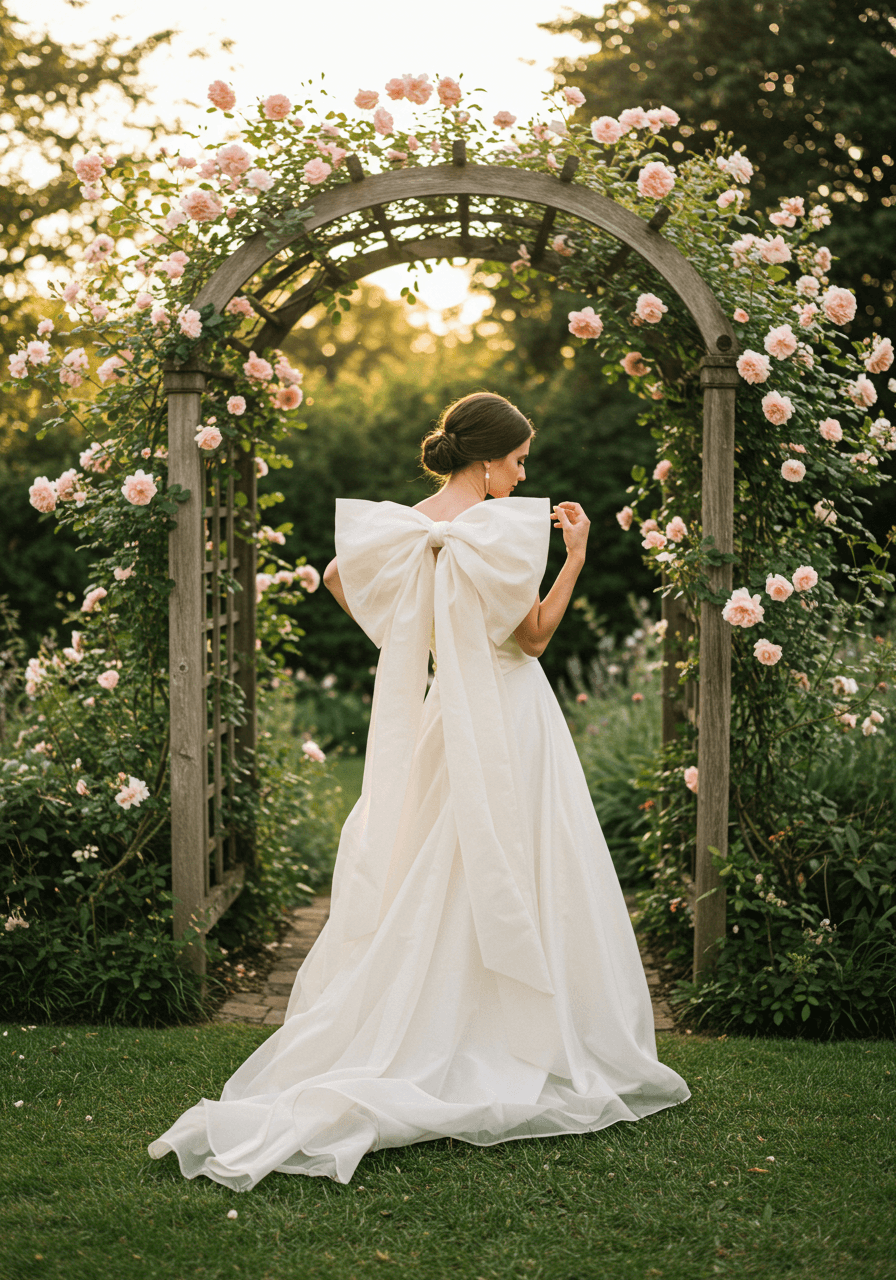 Bride adjusting flowing tulle bow fabric in cottage garden setting during golden hour backlighting