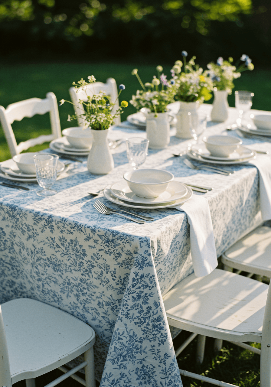 Cottage wedding reception table with soft blue toile linens and minimalist white ceramic place settings in garden