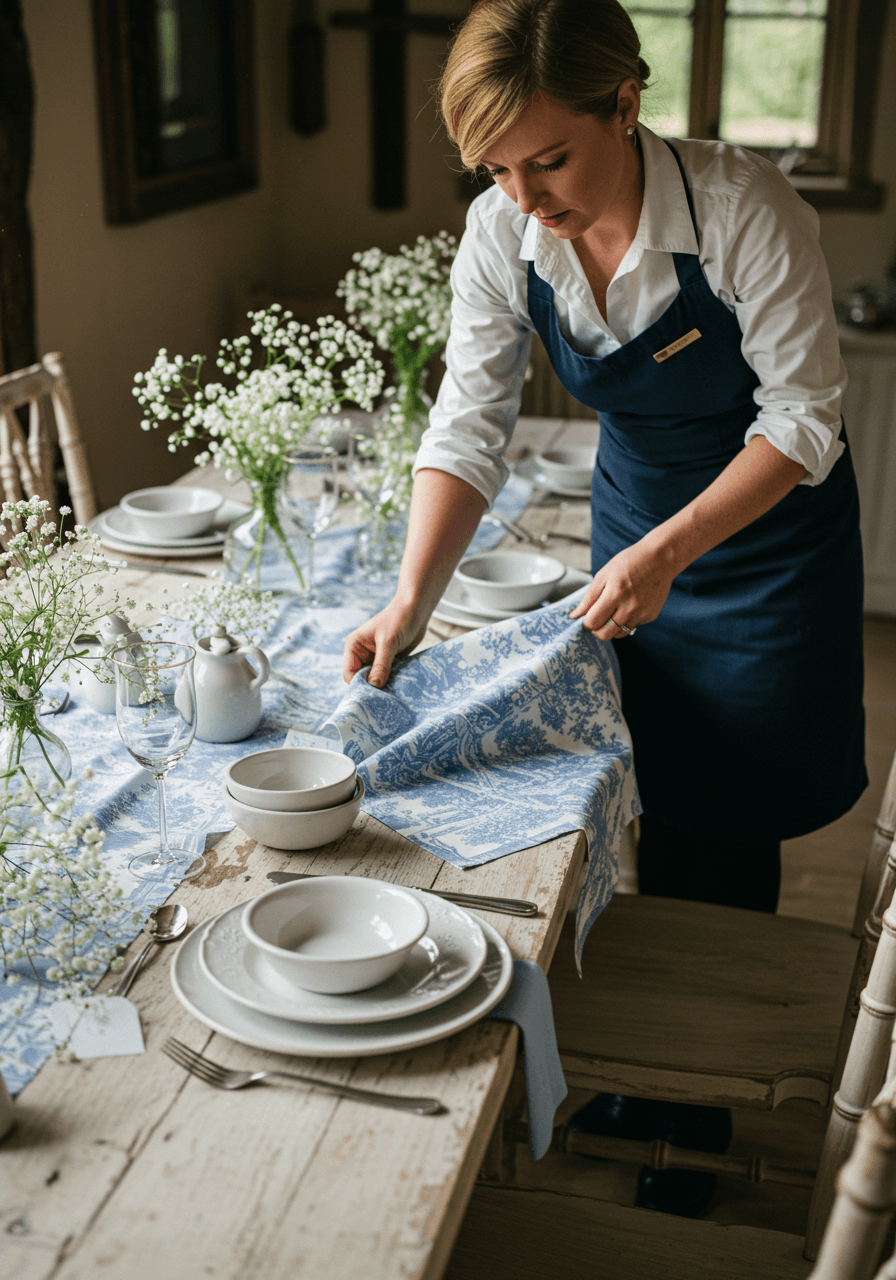 Hands carefully laying out blue toile textiles and pristine white ceramics for cottage wedding table setting