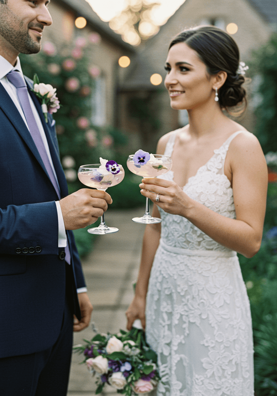 Two elegant cocktail glasses with pale pink drinks and floating purple pansy garnishes held by bride and groom