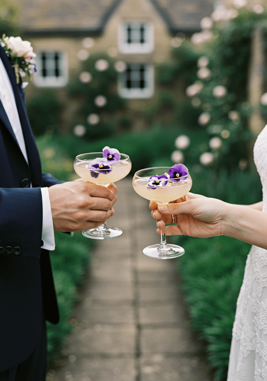 Bride and groom holding botanical cocktails in cottage garden with stone pathways and climbing roses