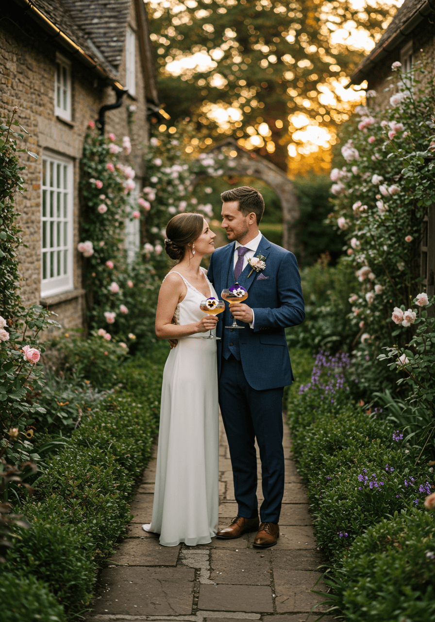 Wide view of couple with pansy-garnished cocktails in cottage garden setting during golden hour