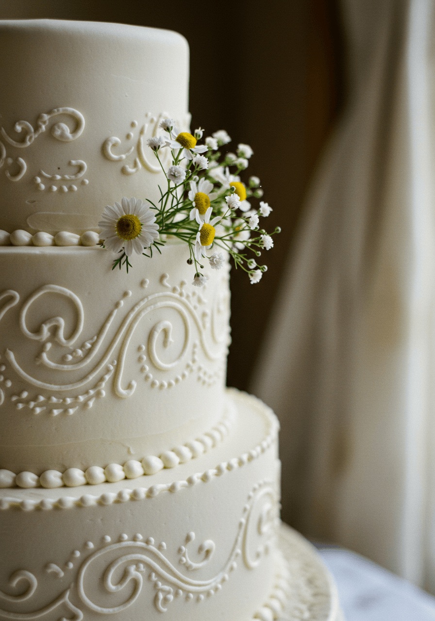 Macro detail of white Lambeth piped royal icing rosettes and scrollwork with fresh chamomile stems