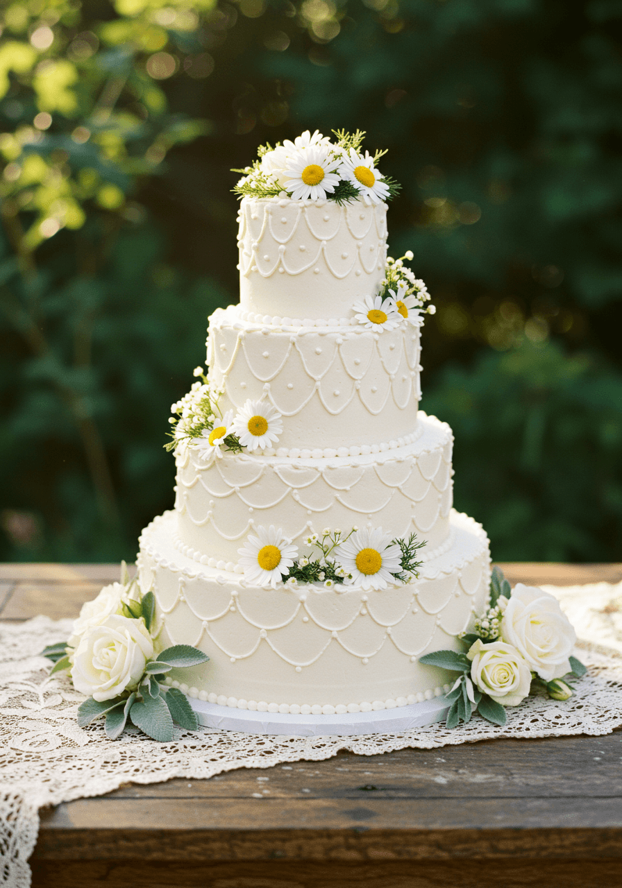 Side view of elegant white tiered wedding cake with detailed piping work in sunlit cottage garden