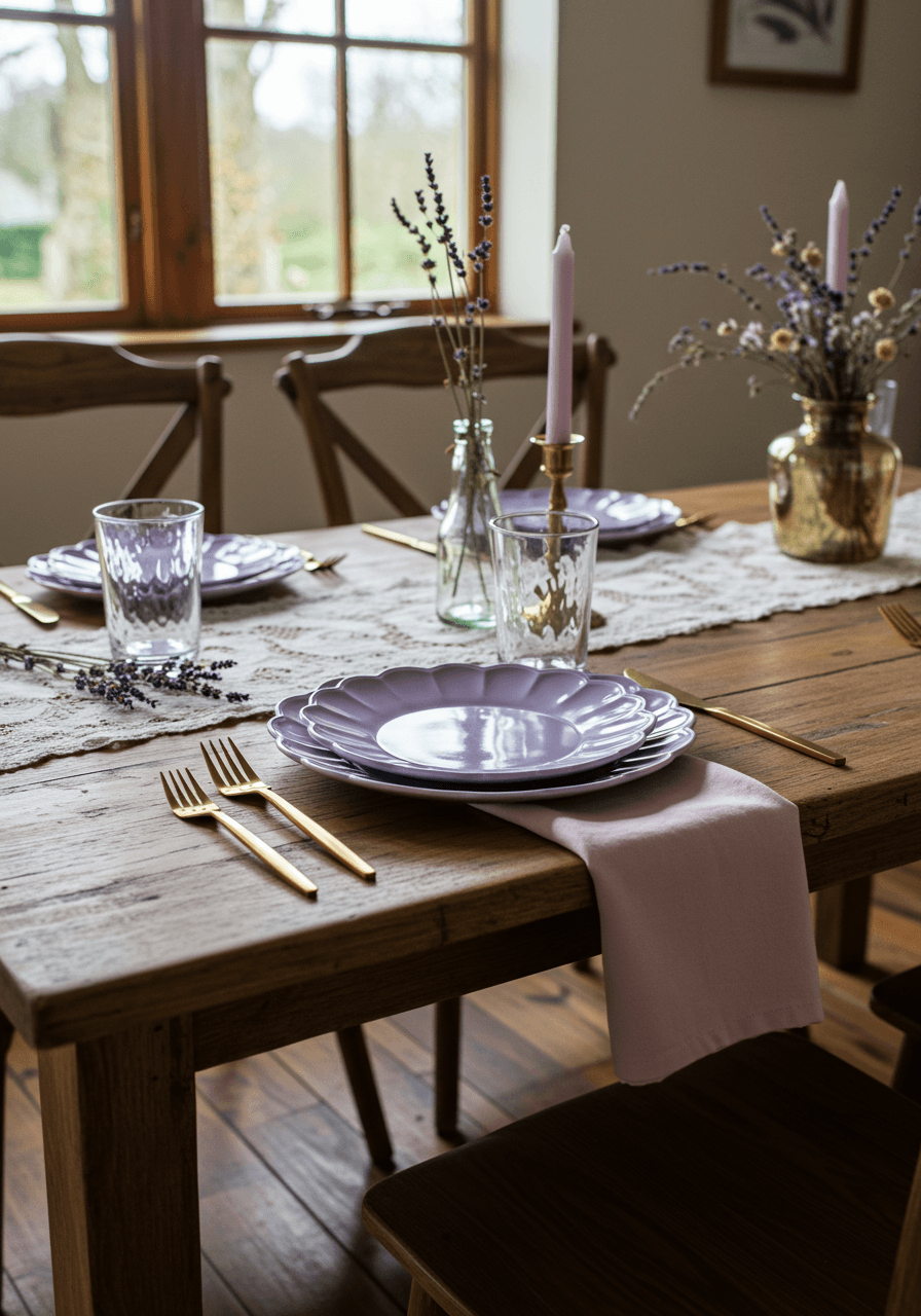 Overhead view of cottage-style place setting with weathered wood table, lace runner, and vintage brass accents