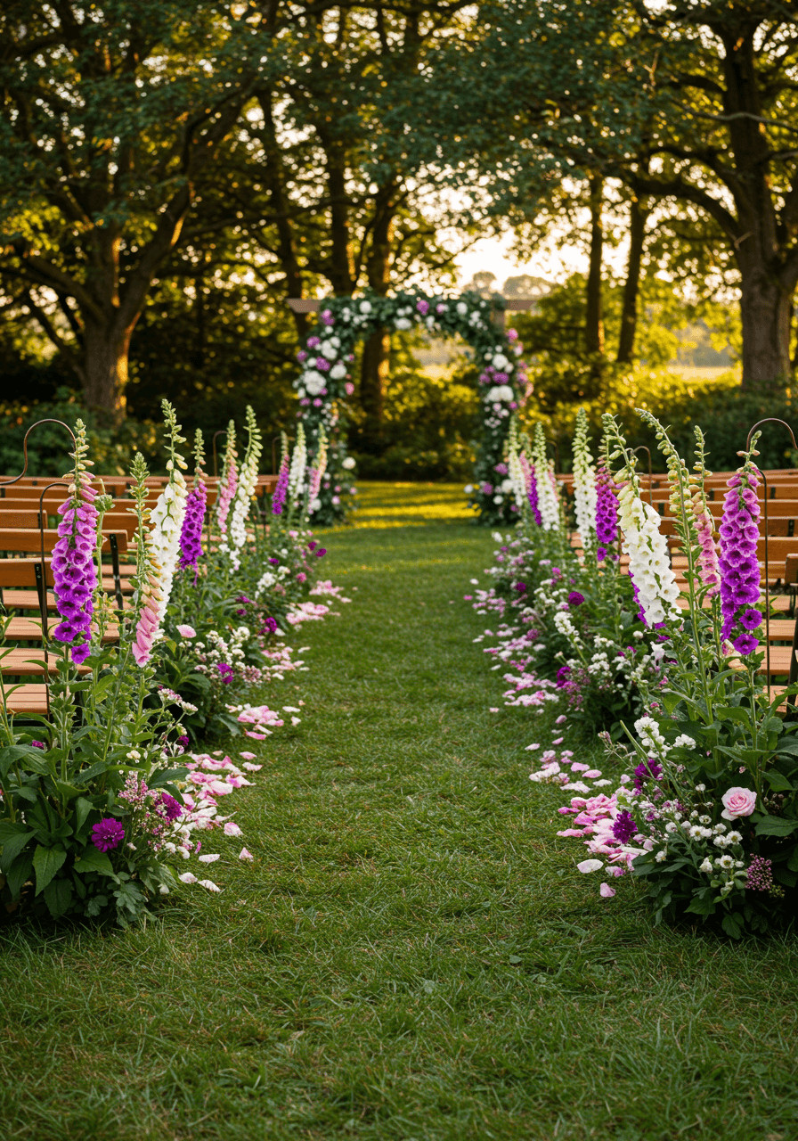 Natural wedding ceremony aisle lined with tall foxglove and delphinium flowers in rustic outdoor meadow during golden hour