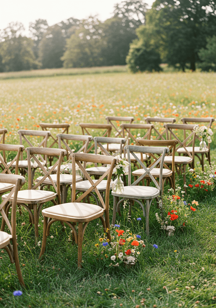 Rows of mismatched wooden cross-back chairs arranged for ceremony in vibrant wildflower meadow with natural aisle