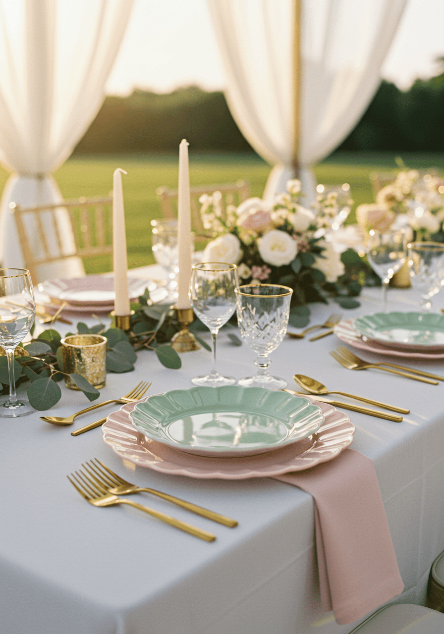 Elegant outdoor wedding reception table with pastel scalloped charger plates in blush and sage green, modern gold flatware, under flowing white fabric draping during golden hour